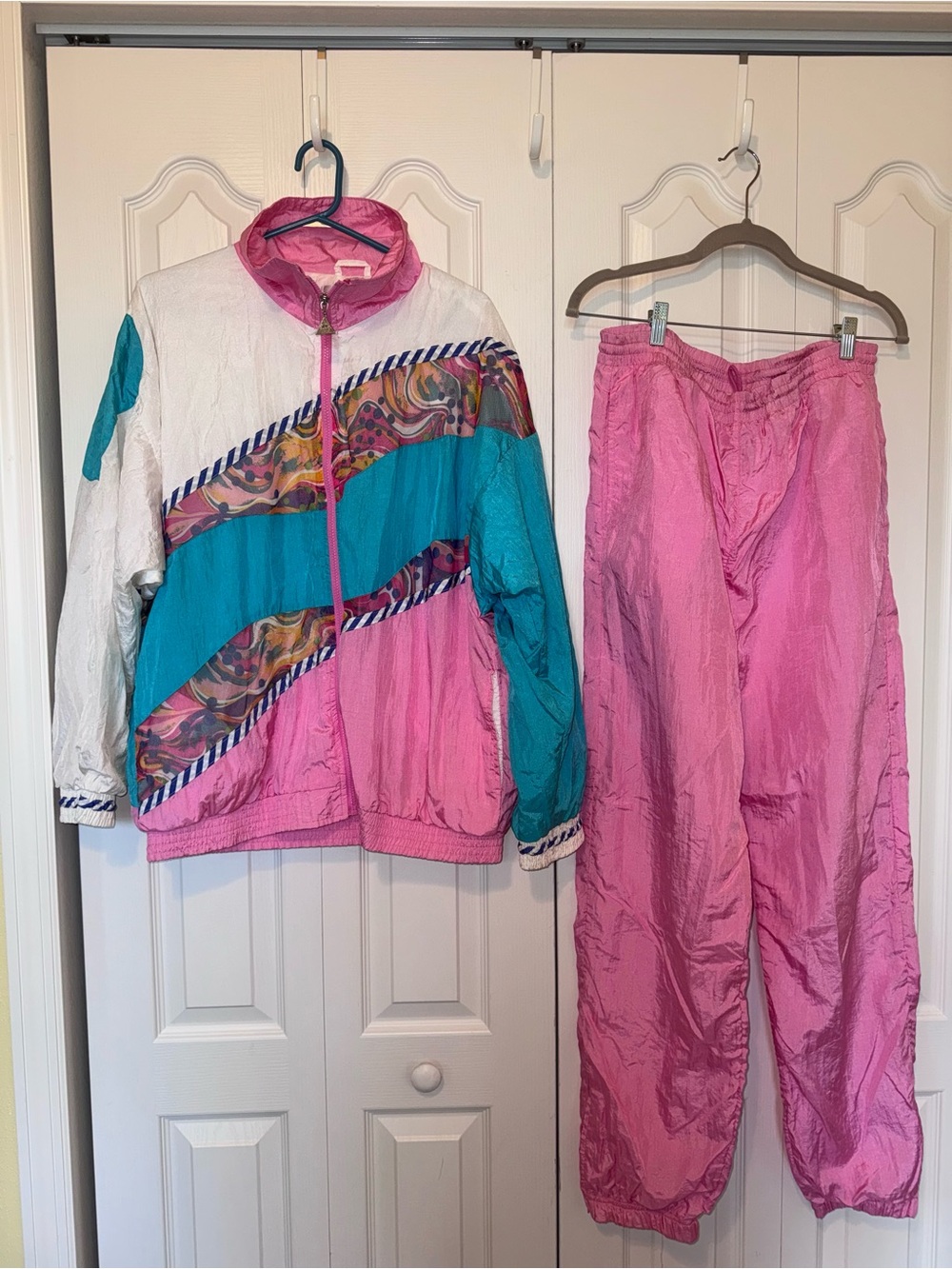 Vintage Colorblock Windbreaker Jacket & Pants Set - Pink Teal White